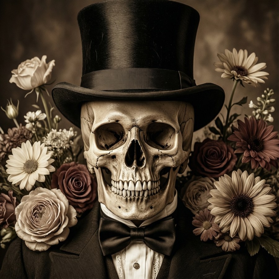 A skull in top hat and bow tie amid flowers, vintage style, Grateful Dead art.