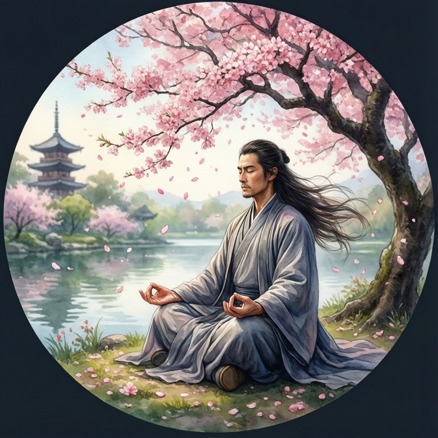 男人喺櫻花樹下池塘邊冥想，有塔