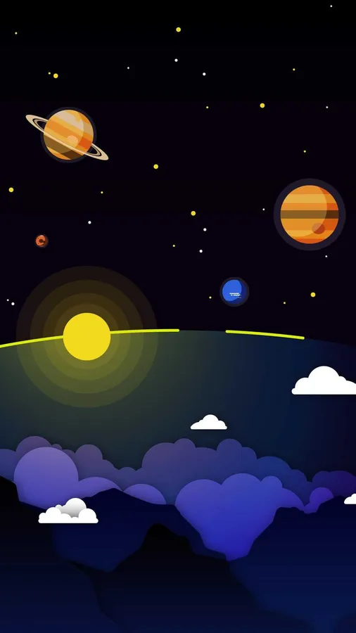 一個色彩繽紛的太空場景,紫色雲層地平線上方有行星和星星。