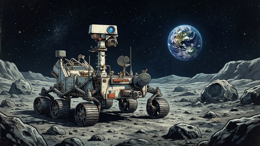 探測車在外星地形上，天空可見地球