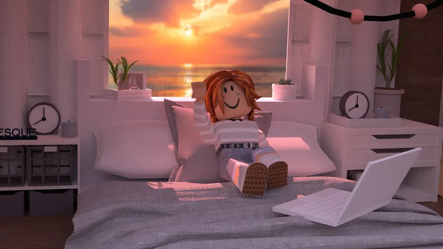 Roblox 角色在夕陽下躺在床上用手提電腦放鬆