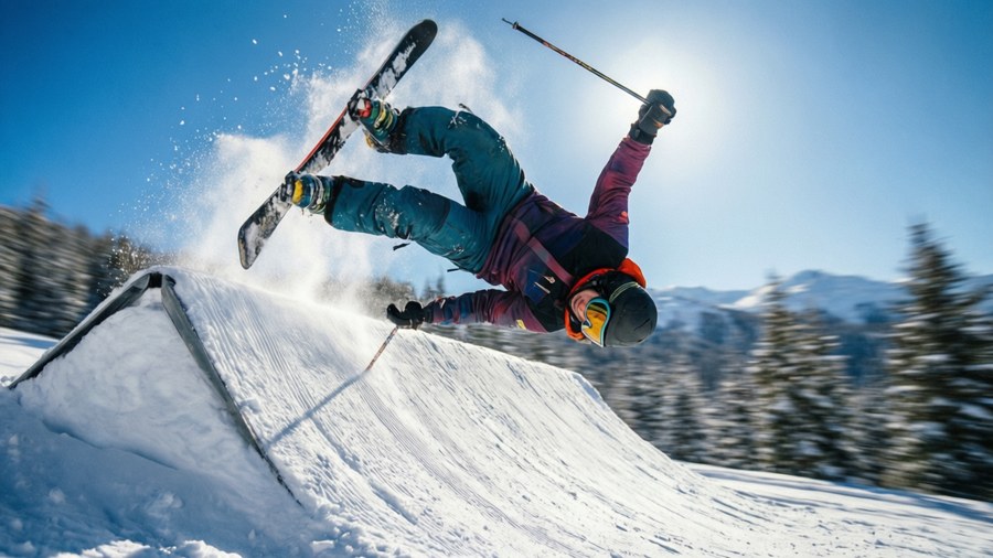 滑雪者在山區環境中的雪坡上表演空中技巧。