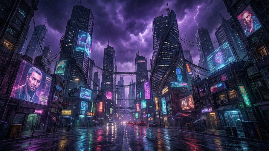 未來主義的城市街道，夜晚，霓虹燈在潮濕的路面上反射，暴風雨天空下。