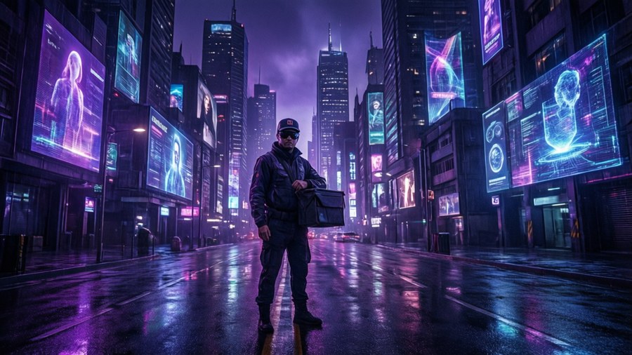 一個人在夜晚沿著霓虹燈照亮、雨水浸濕的城市街道行走。