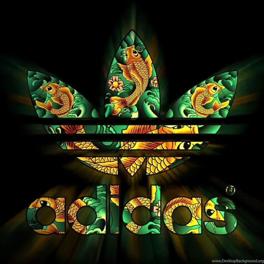 Adidas 標誌與彩色玻璃風格的錦鯉在深色背景上發光。