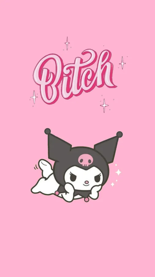 一個卡通角色頭上戴著骷髏,在「Bitch」字樣下躺著,伴有閃光。