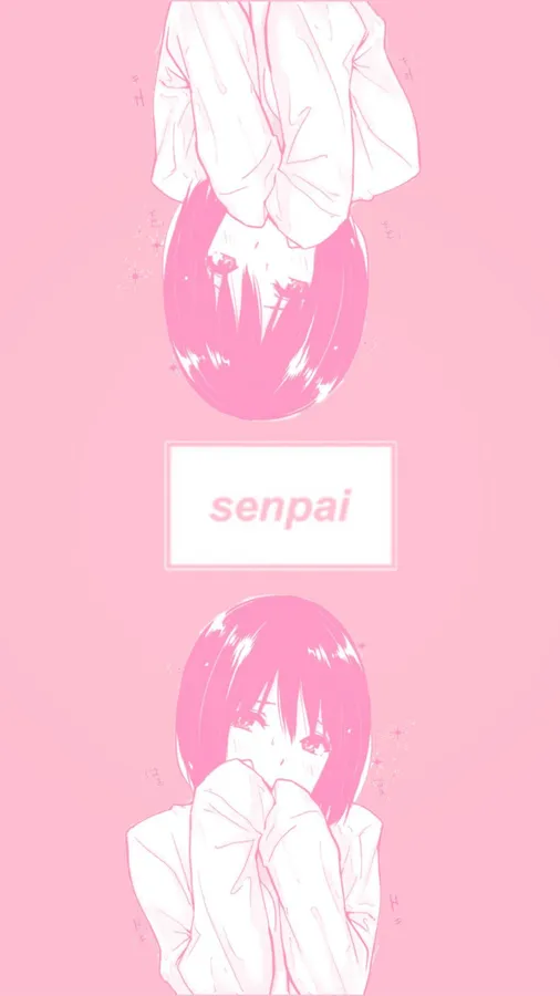 粉紅色頭髮的動漫女孩以倒立和正立顯示,帶有「senpai」文字。