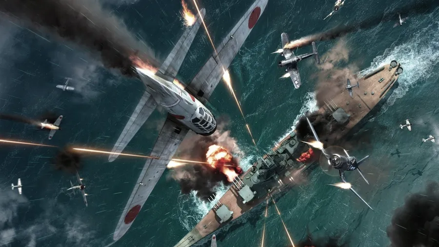 戰艦在暴風雨中遭到戰鬥機攻擊,伴隨爆炸和濃煙。