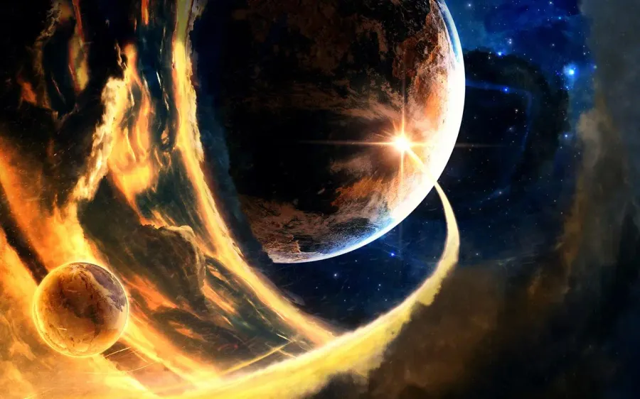 一顆被熾熱宇宙漩渦和發光恆星包圍的行星,在深空中。