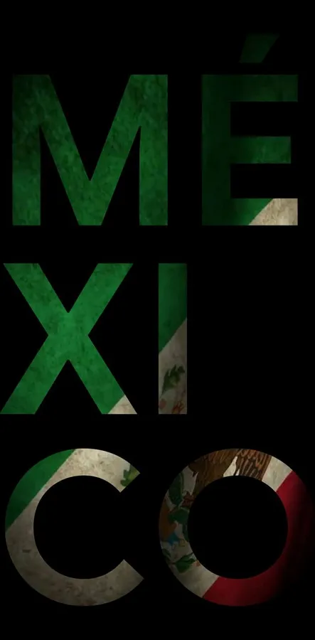 黑色背景上字母內有旗幟顏色的文字 mexico。