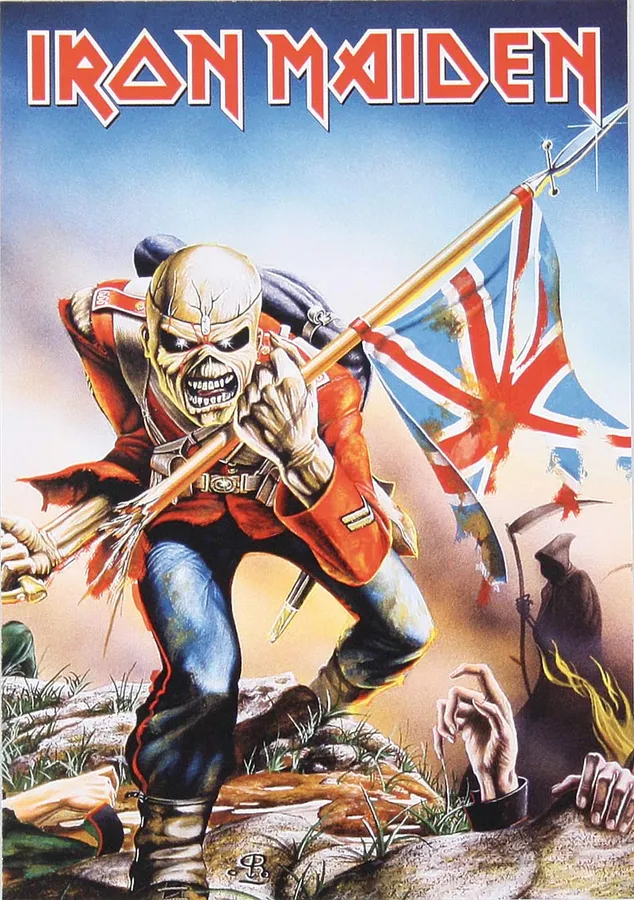 Iron Maiden 吉祥物身穿戰鬥裝備,手持英國國旗,背景有死神和抓取的手。