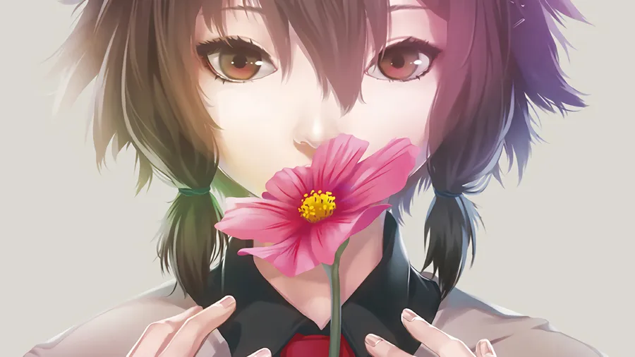 動漫女孩將粉紅色大波斯菊放在嘴唇附近