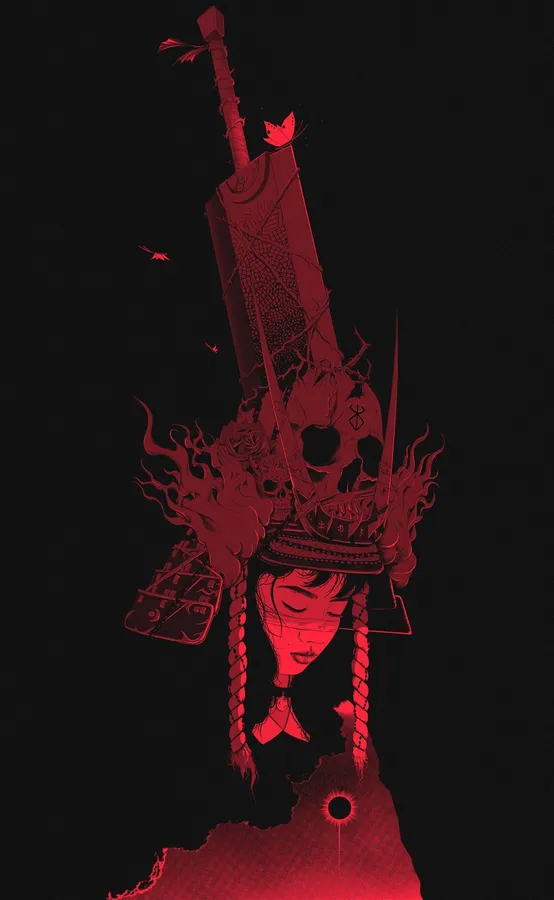 紅色武士戰士,戴骷髏頭盔,持劍,深色背景。