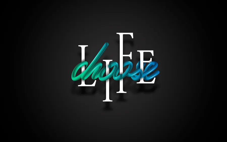 光澤青綠色手寫字體 choose 疊加在深色漸變背景上的白色 LIFE 文字上。
