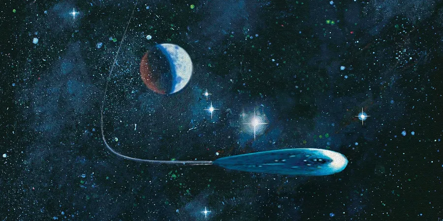 一艘藍色太空船在滿天星斗的夜空中飛過月亮。