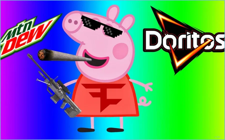 Peppa Pig 戴著太陽眼鏡,在 Mountain Dew 和 Doritos 標誌附近手持步槍和大麻。