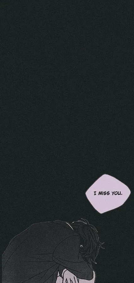 一個低頭的動漫角色,在黑色背景上有一個寫著 I MISS YOU 的對話框。