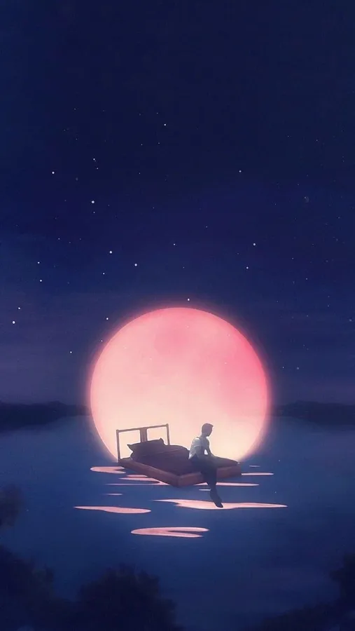 在繁星點點的夜空下,一顆巨大的粉紅色月亮下,一個人坐在漂浮的床上