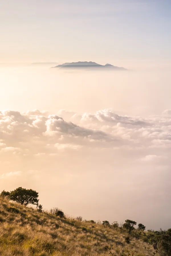 日出在霧氣瀰漫的山景之上,下方有雲層。