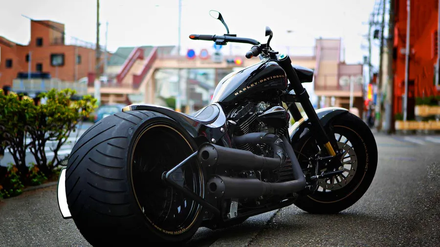 黑色Harley-Davidson chopper電單車停泊在城巿街道上,附近有綠色灌木叢。