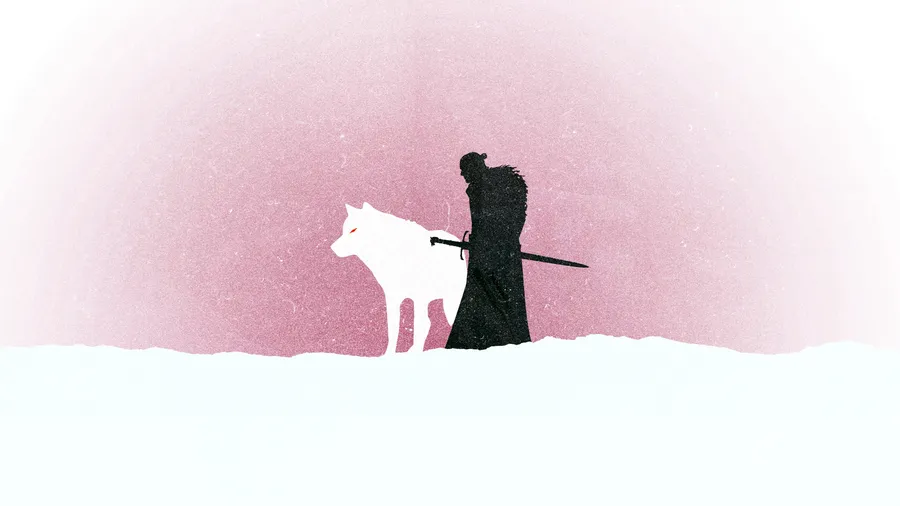 戰士與白狼在雪地中並肩而立,天空呈現粉紅色。