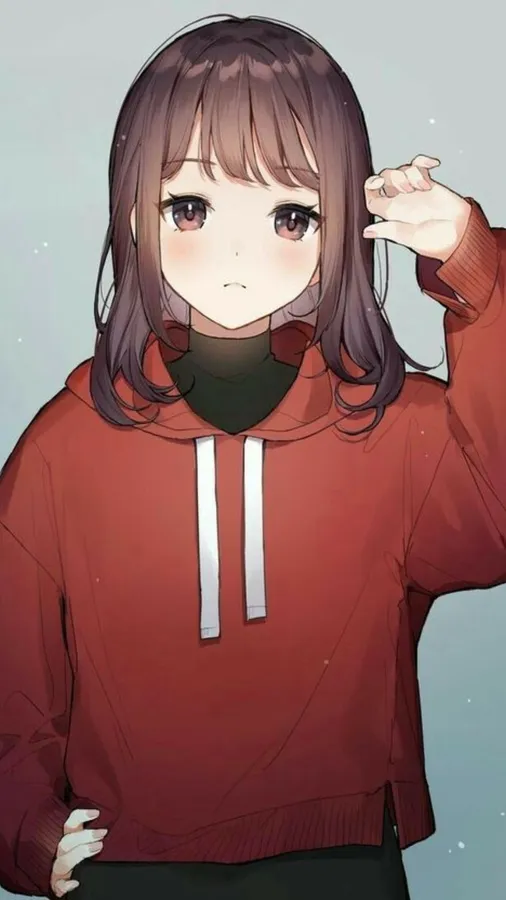 穿著紅色連帽衫的動漫女孩,溫柔地觸摸著頭部。