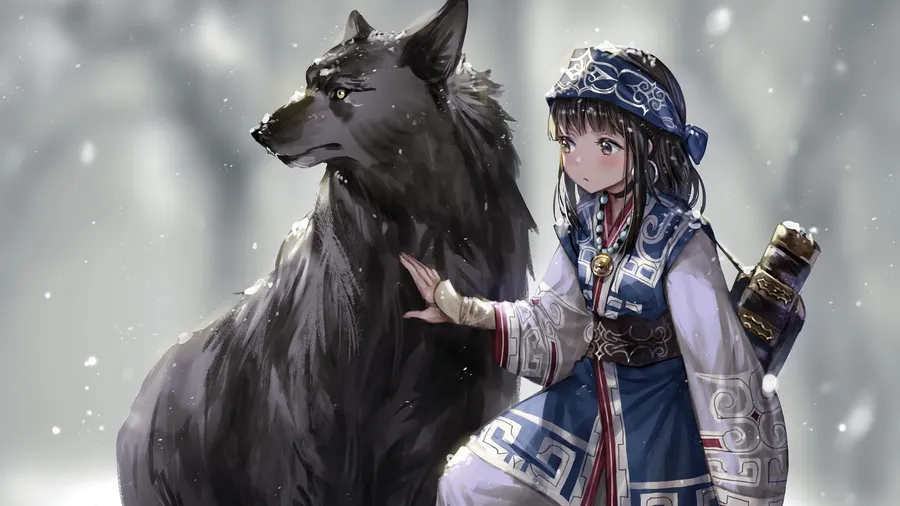 穿著傳統藍白服飾的女孩在雪地森林中撫摸黑狼。