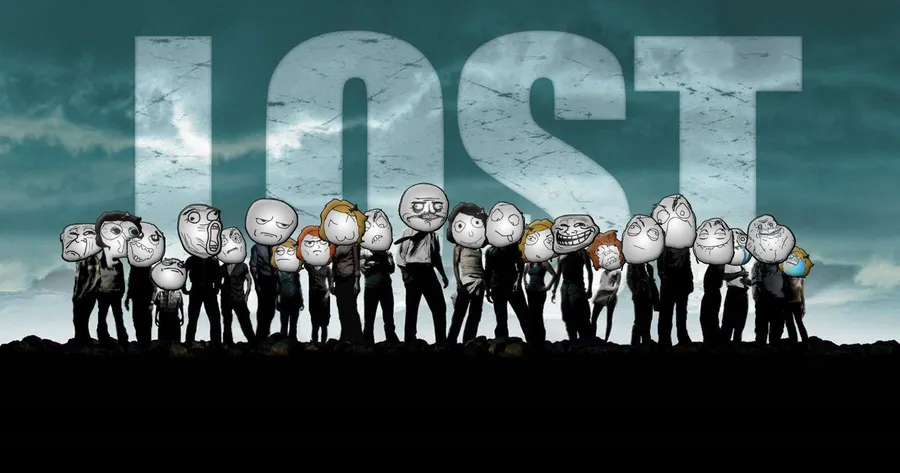 一群卡通人物喺暴風雨天氣下,喺一個「LOST」標誌下面露出有趣嘅表情。