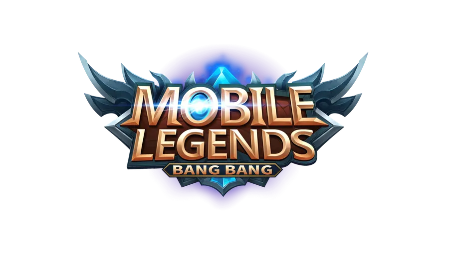 Mobile Legends Bang Bang 遊戲標誌,帶有發光的藍色和金色文字及金屬翅膀。