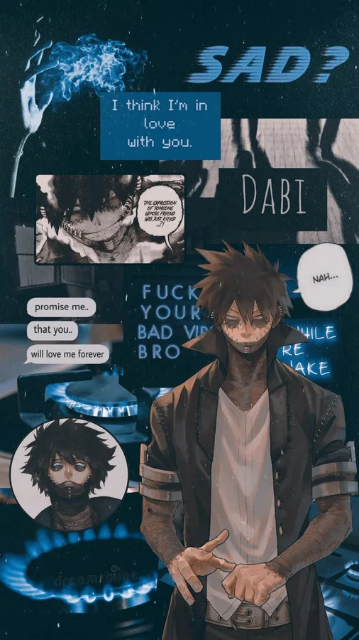 動漫角色Dabi,帶有發光藍色能量和表達悲傷與愛的漫畫面板。