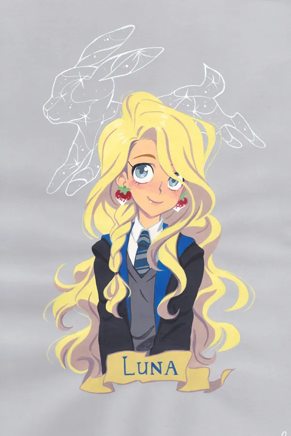 動漫角色露娜·洛夫古德穿著霍格華茲制服,戴著草莓耳環和幽靈般的兔子輪廓。