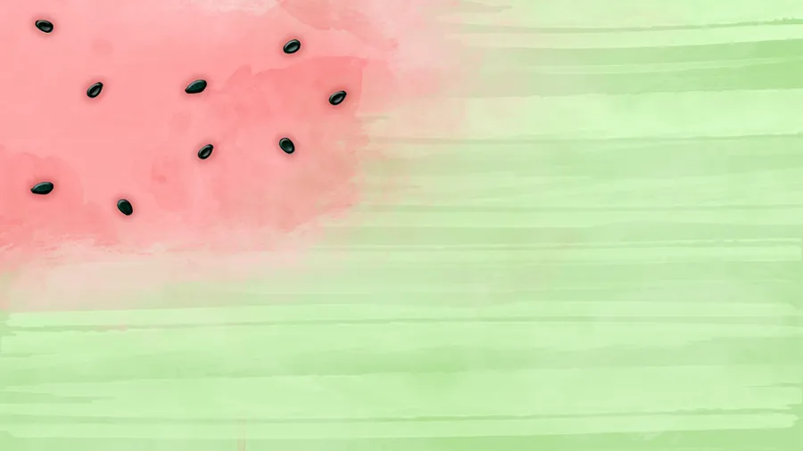 水彩插圖,描繪一塊帶有種子的西瓜切片,粉紅色果肉和綠色條紋。