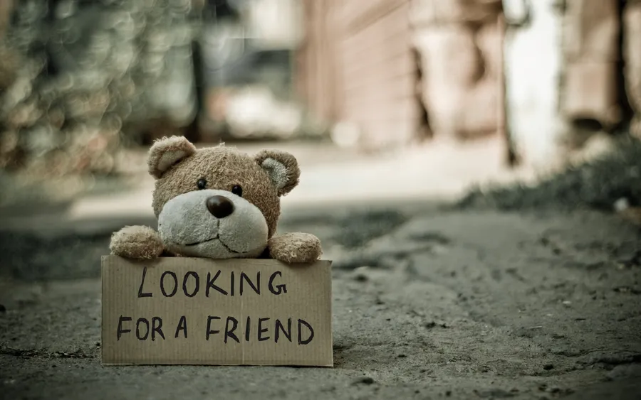 一隻泰迪熊喺行人路上舉住一塊寫住「Looking for a friend」嘅牌。
