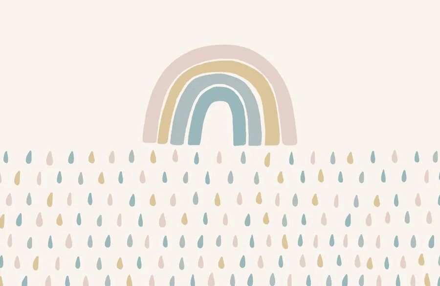粉彩彩虹與相配的雨滴在奶油色背景上。