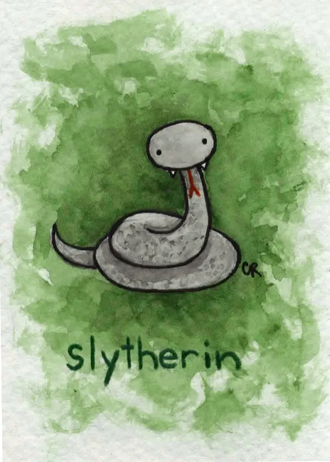 一條卡通蛇,帶有紅色舌頭,在標有slytherin的綠色水彩背景上。