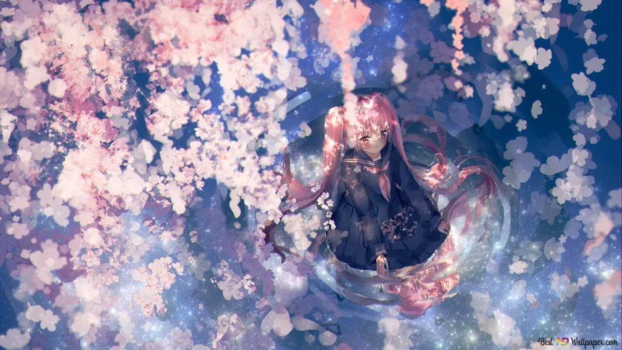 粉紅色頭髮的動畫女孩漂浮在泡泡中,被櫻花和星星環繞。