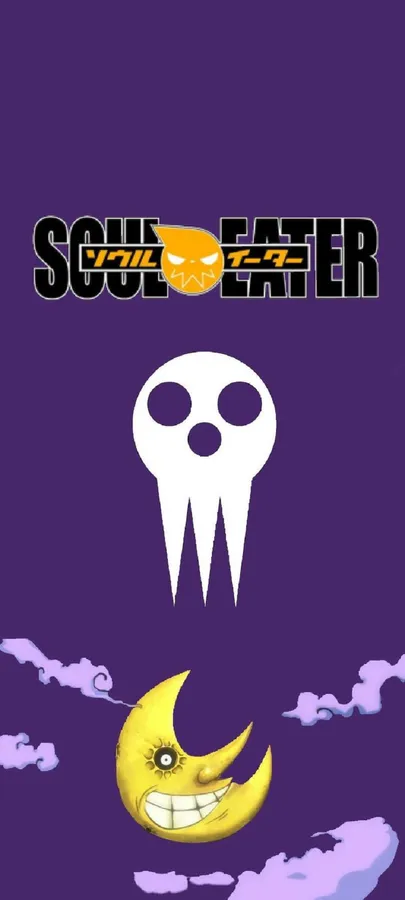 Soul Eater動畫標誌,紫色背景上有骷髏頭和微笑的月亮。