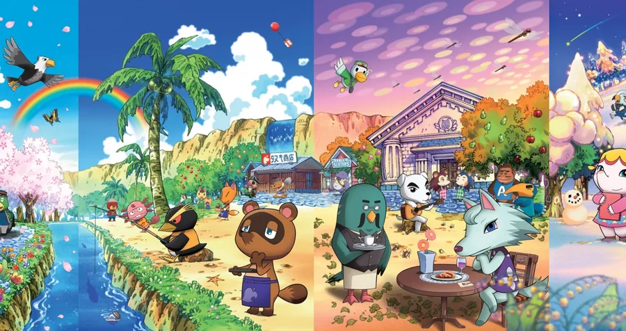 Animal Crossing角色在從春天到冬天的多彩季節場景中。