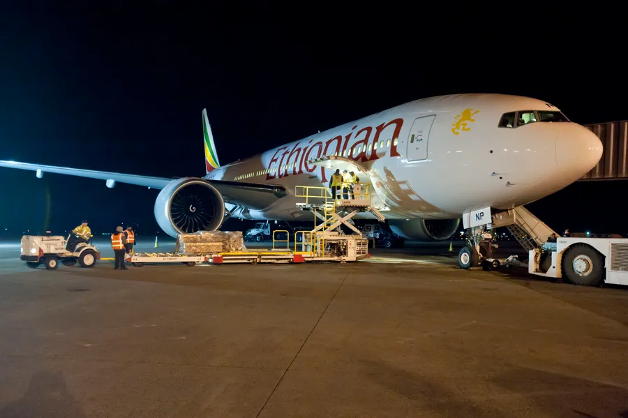 埃塞俄比亞航空飛機在夜間於機場停機坪上裝載貨物。