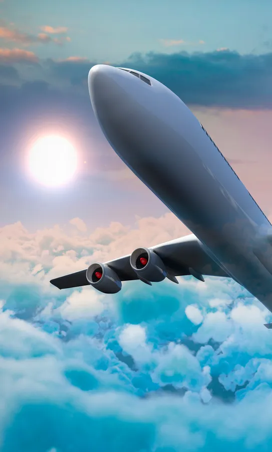 飛機在雲層上方飛行,太陽在天空中明亮地照耀。