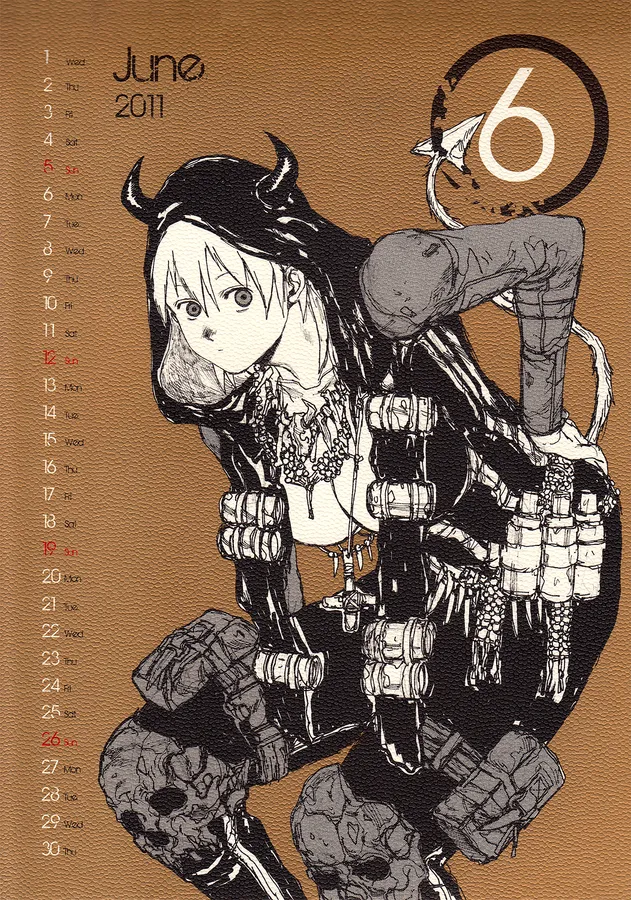 在2011年6月的日曆上,一個有角和機械裝甲的動漫女孩。