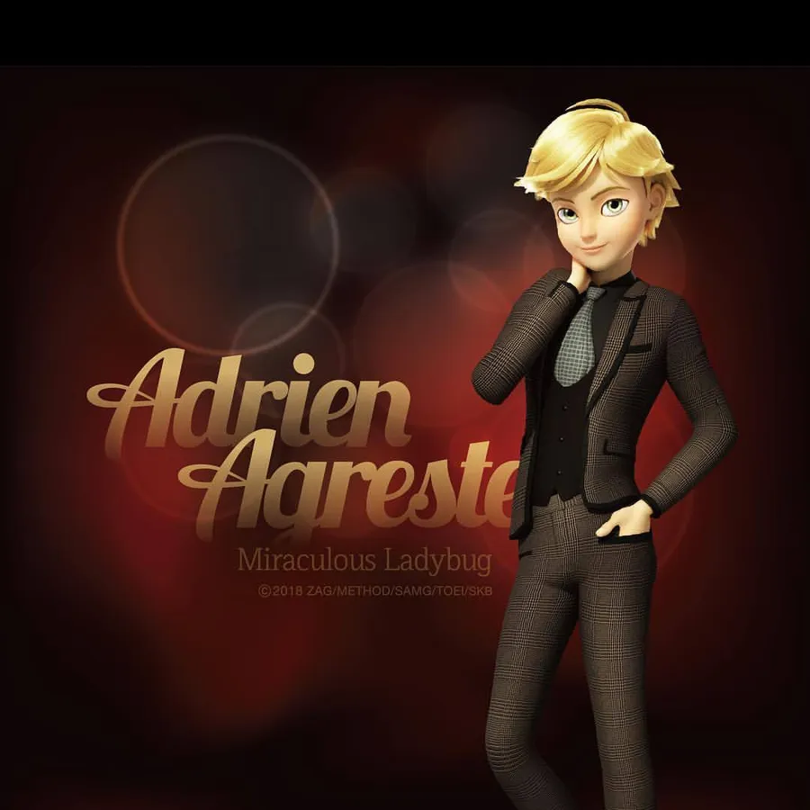 動畫角色 Adrien Agreste 穿著格子西裝,在紅色散景背景前。