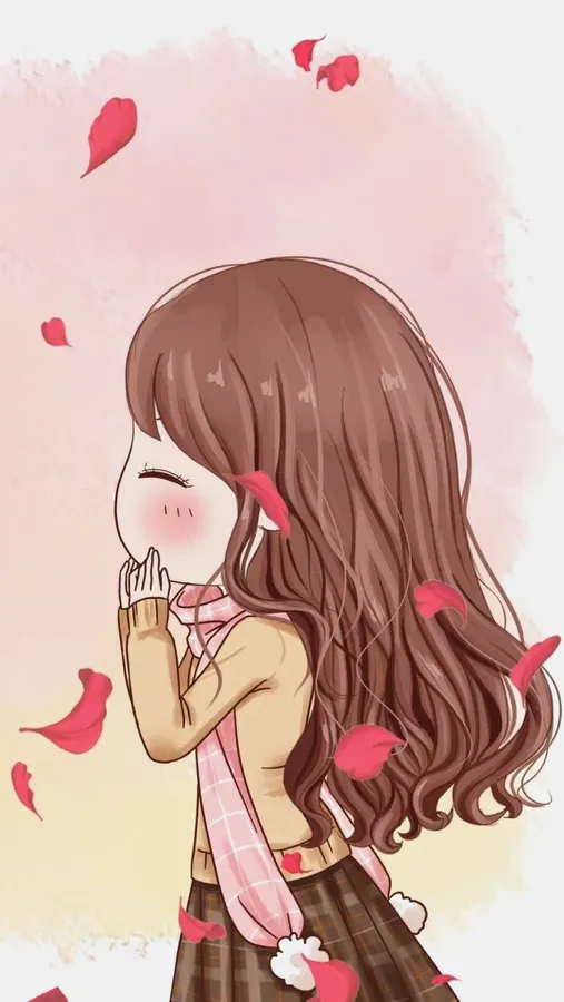 長棕色頭髮的動漫女孩,害羞地微笑,粉紅玫瑰花瓣飄浮在她周圍。