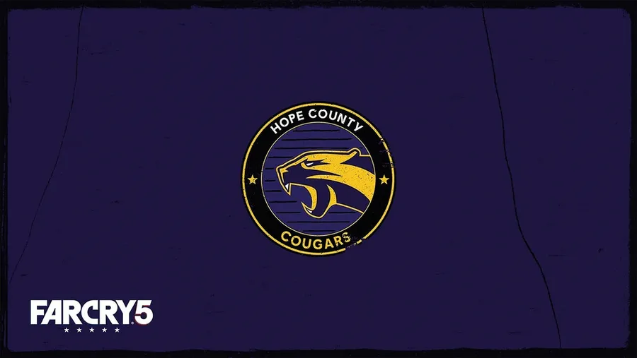來自 Far Cry 5 的 Hope County Cougars 標誌,位於帶有紋理的深紫色背景上。