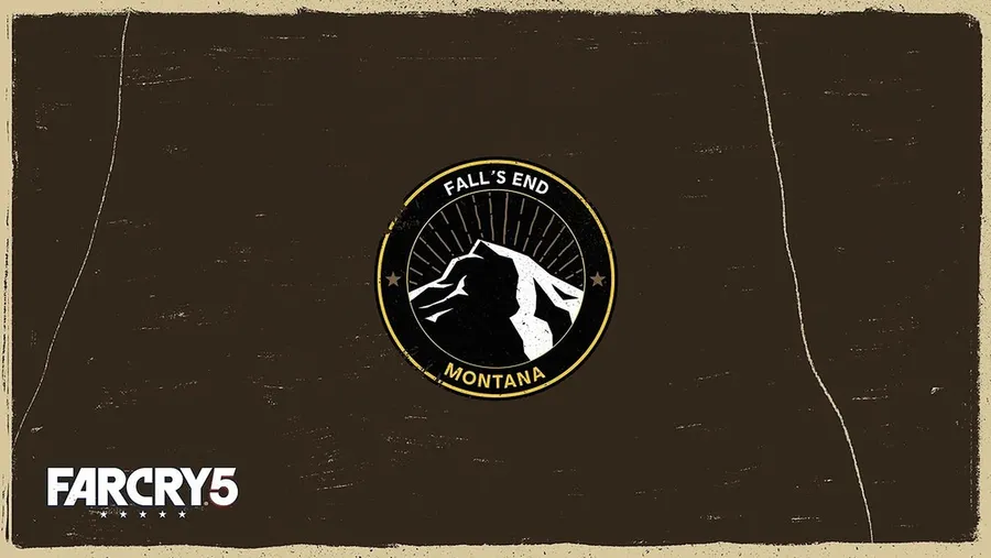 Farcry 5 標誌,在紋理棕色背景上有一個標有「Fall's End Montana」的山脈徽章。