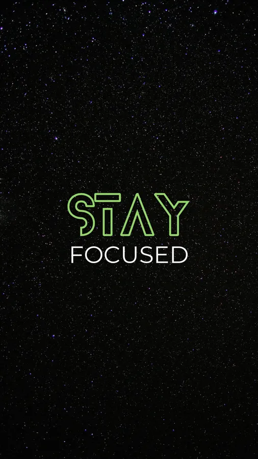星空夜空背景,帶有綠色霓虹燈文字寫著 stay focused。