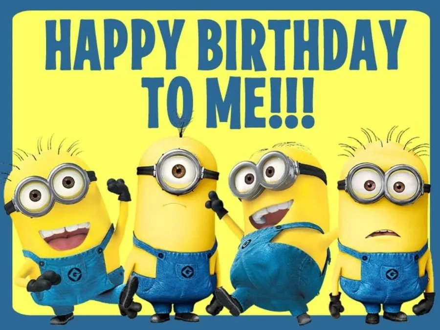 四個穿著藍色工裝褲的Minions以喜悅的表情慶祝生日。