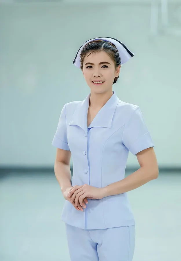 一位微笑的女護士穿著淺藍色制服和白色帽子,站在攝影棚內。