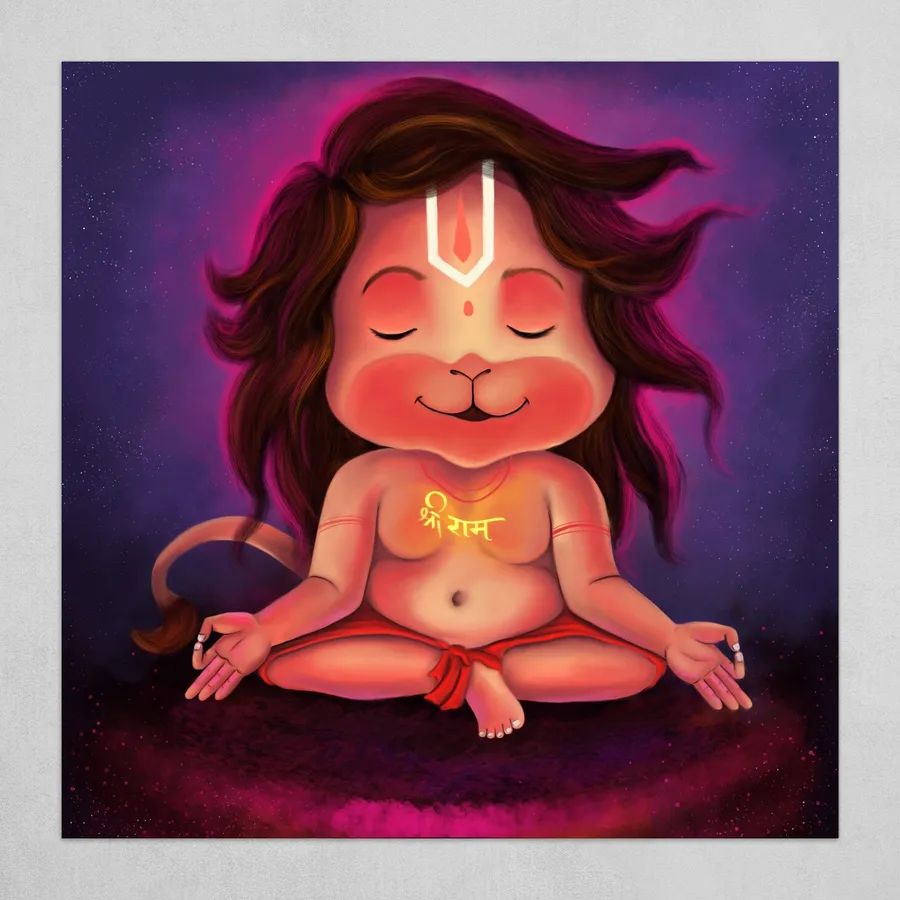 一個卡通獅子小孩在冥想,胸前「Shri Ram」符號發光,背景是宇宙紫色。