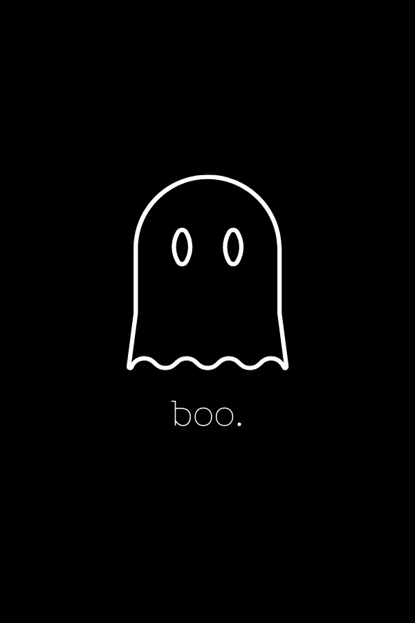 一個簡單的白色線條鬼魂圖標,在黑色背景上帶有單詞boo。